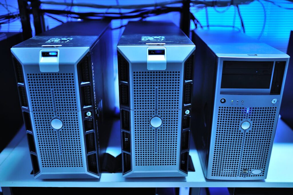 pexels-photo-17489152 Close-up view of modern rack-mounted server units in a data center.